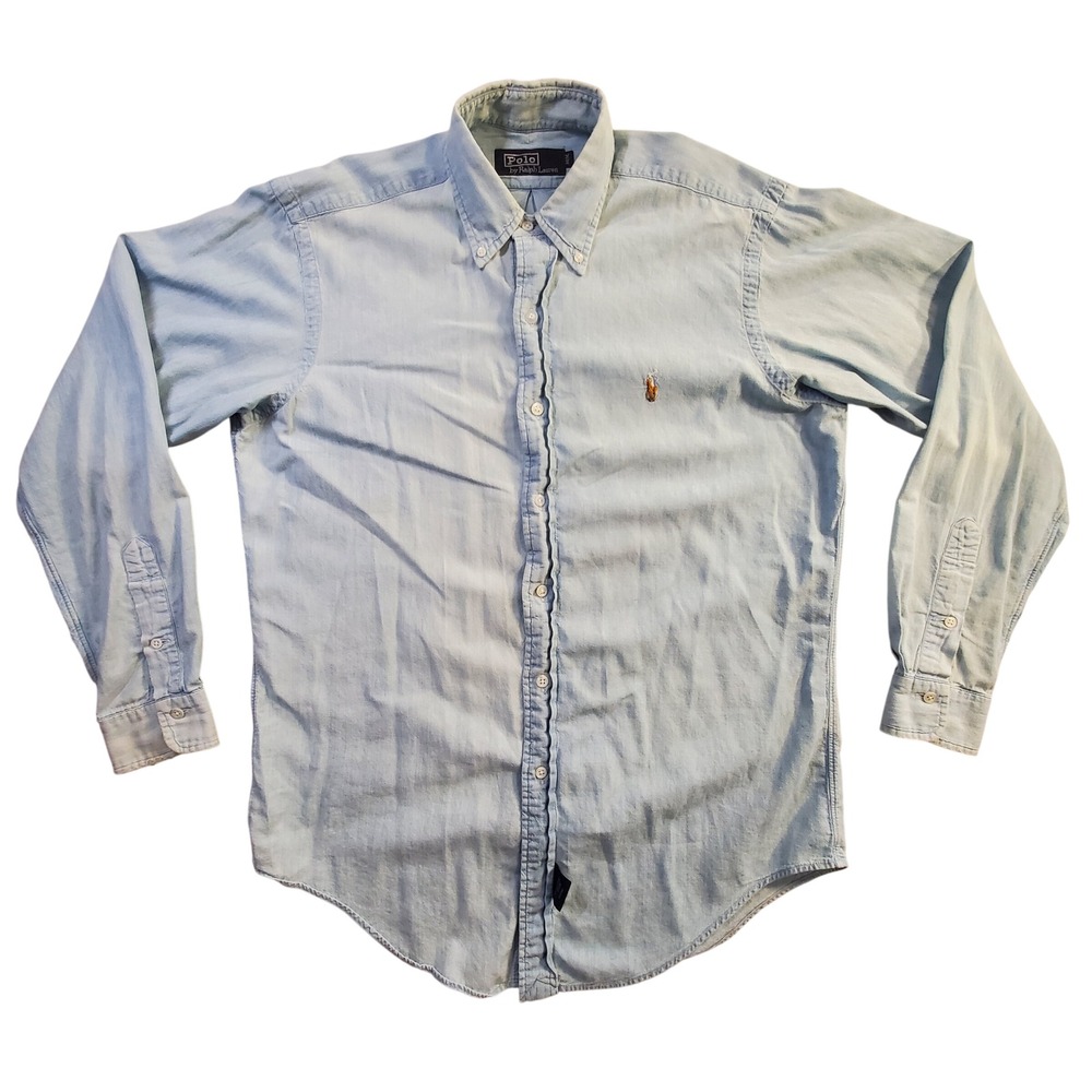 Polo Ralph Lauren Mens M Light Blue Denim Chambray Button Down Shirt Flesh Pony
